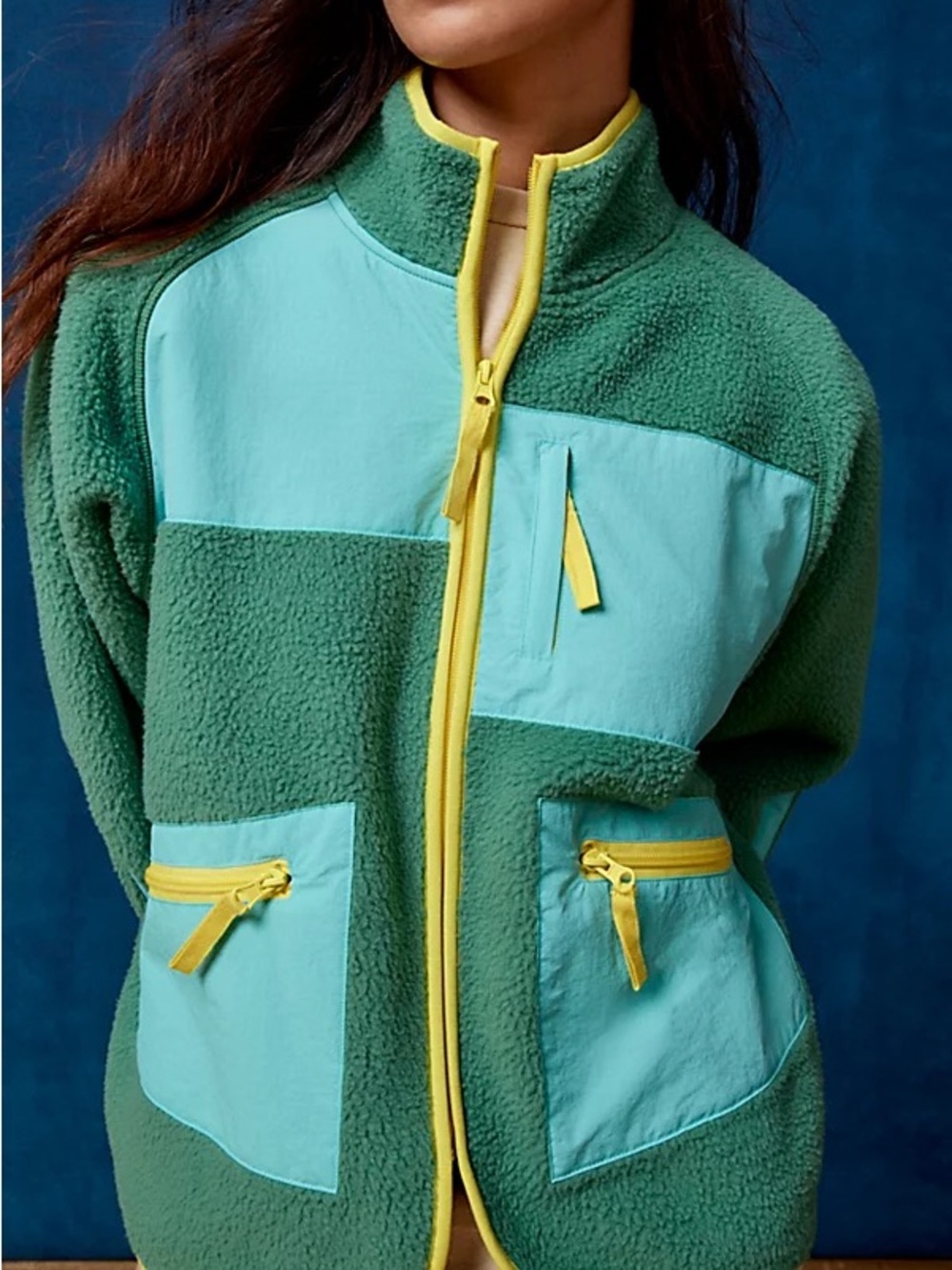 BDG Urban Outfitters Green & Mint Fleece Jacket with Yellow Trim